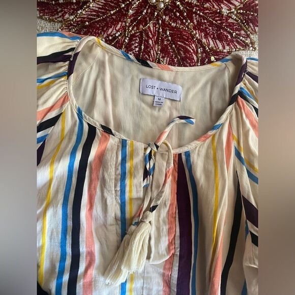 LOST + WANDER Mini Dress Cory Rainbow Cream Sz Medium  Striped Lined Boho - Picture 5 of 15